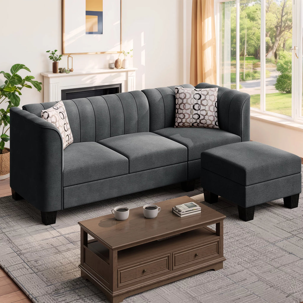 Dark Grey L Shaped Linen Fabric Sectional Sofa D9539