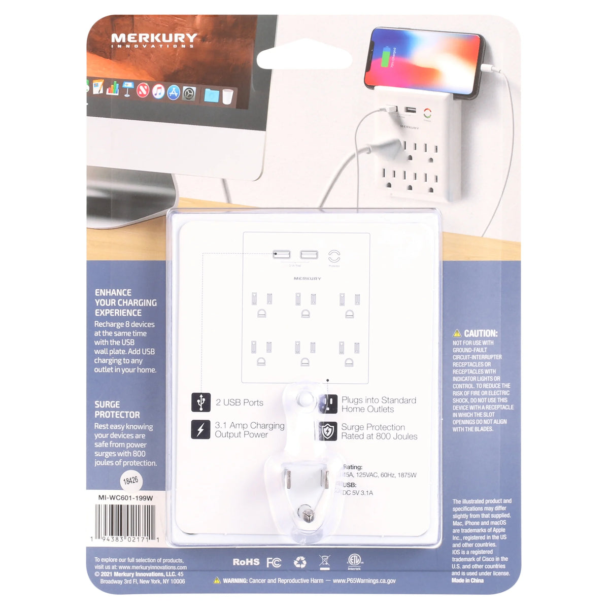 White 6-Outlet USB Wall Charger Extender with Phone Stand U48881