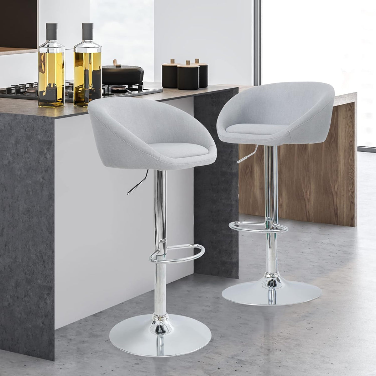 Light Grey Linen Fabric Swivel Bar Stools Set of 2 C67505
