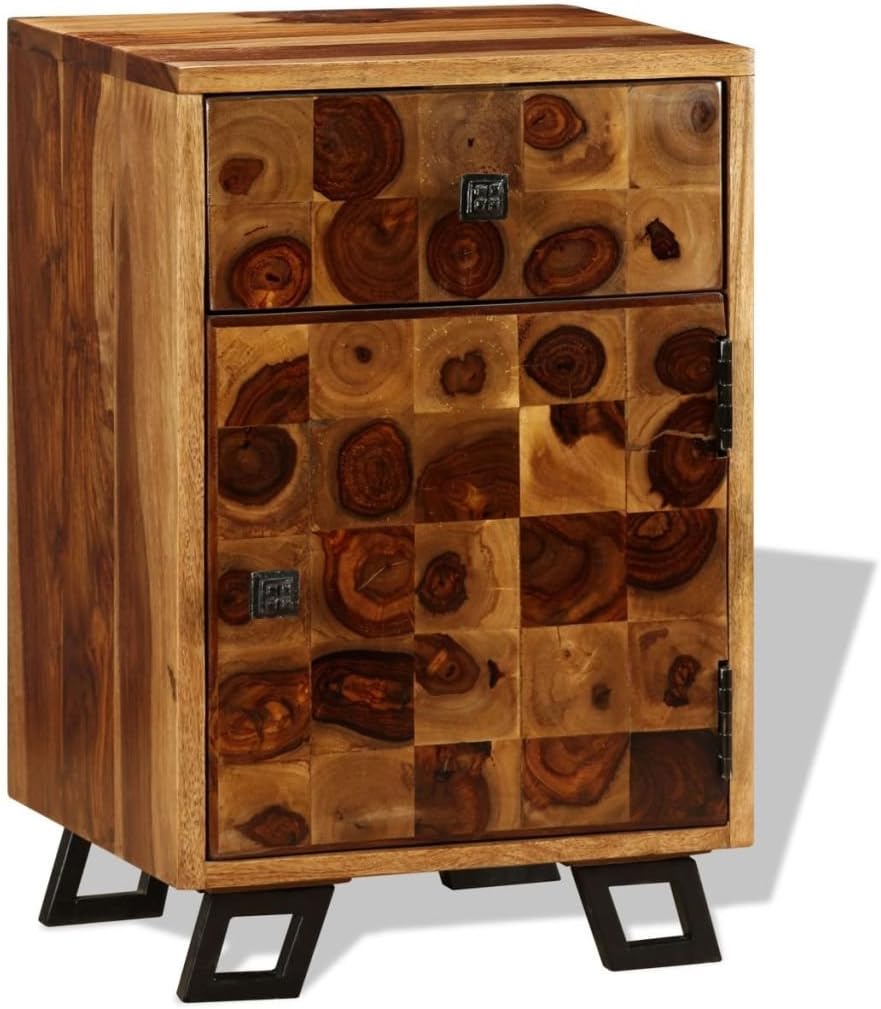 Solid Sheesham Wood Nightstand with Iron Legs and Storage Drawer M436641
