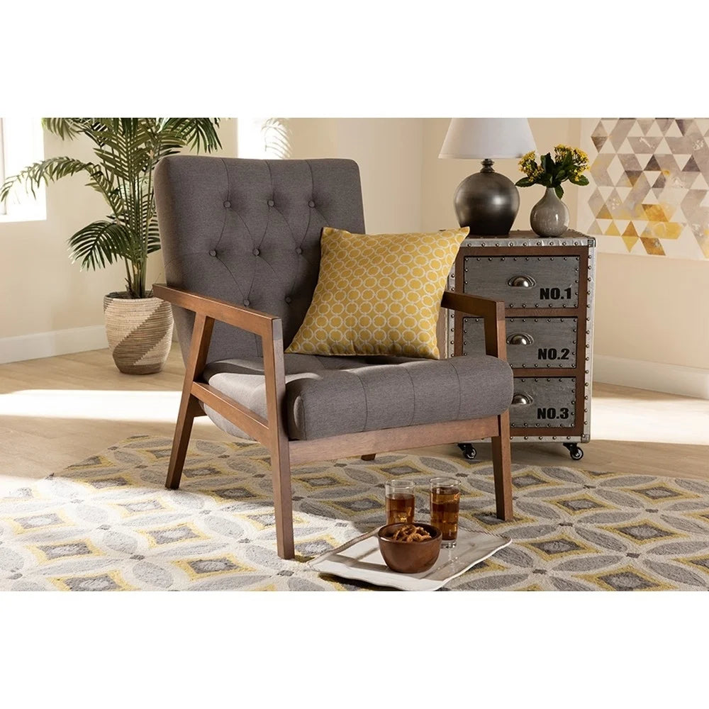 Grey Fabric Upholstered Walnut Finished Wood Armchair R645