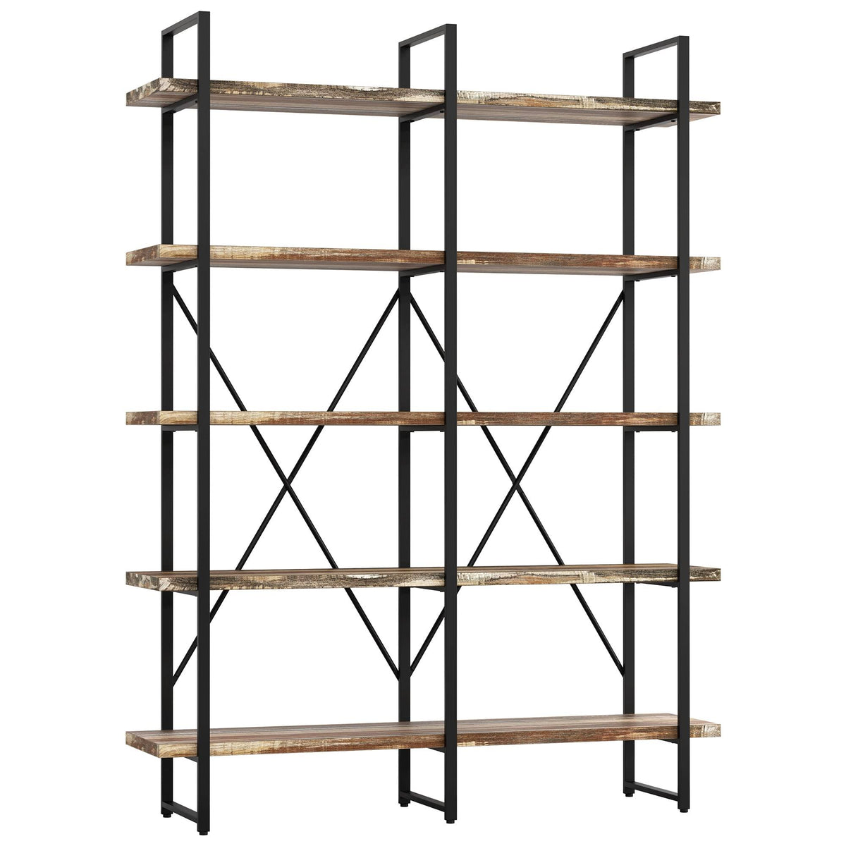 Double Wide 5-Tier Open Bookcase Wood and Metal Shelves L121
