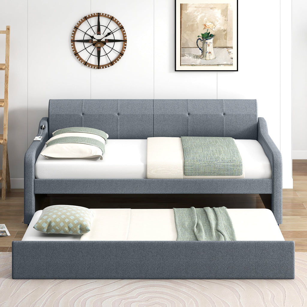 Gray Twin Size Upholstery DayBed with Trundle U323047