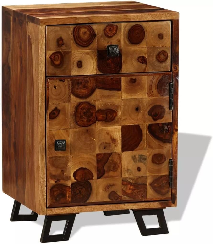 Solid Sheesham Wood Nightstand with Iron Legs and Storage Drawer M436641