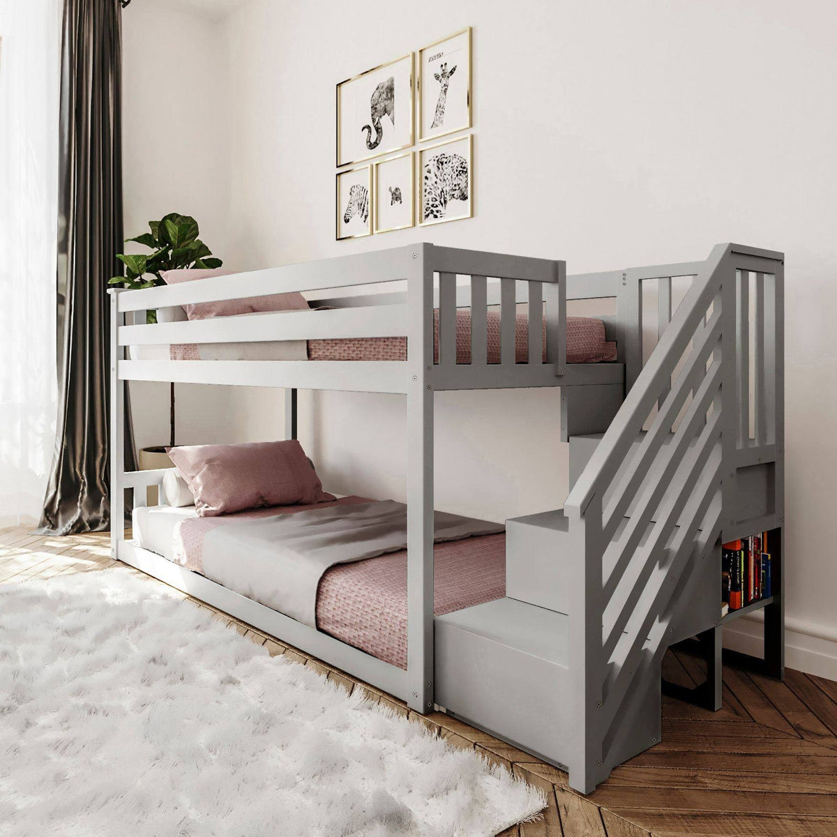 Twin Low Bunk Bed with Staircase, White E19187