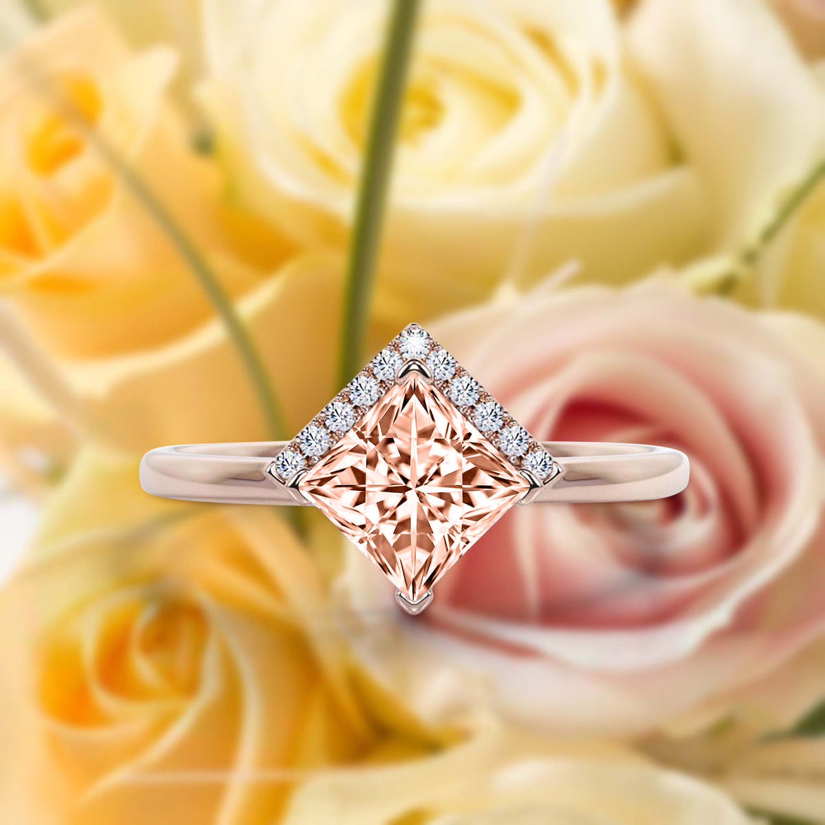 1.50 Carat Princess Cut Morganite And Diamond Moissanite Dainty Engagement Ring In 10K Solid Rose Gold M186