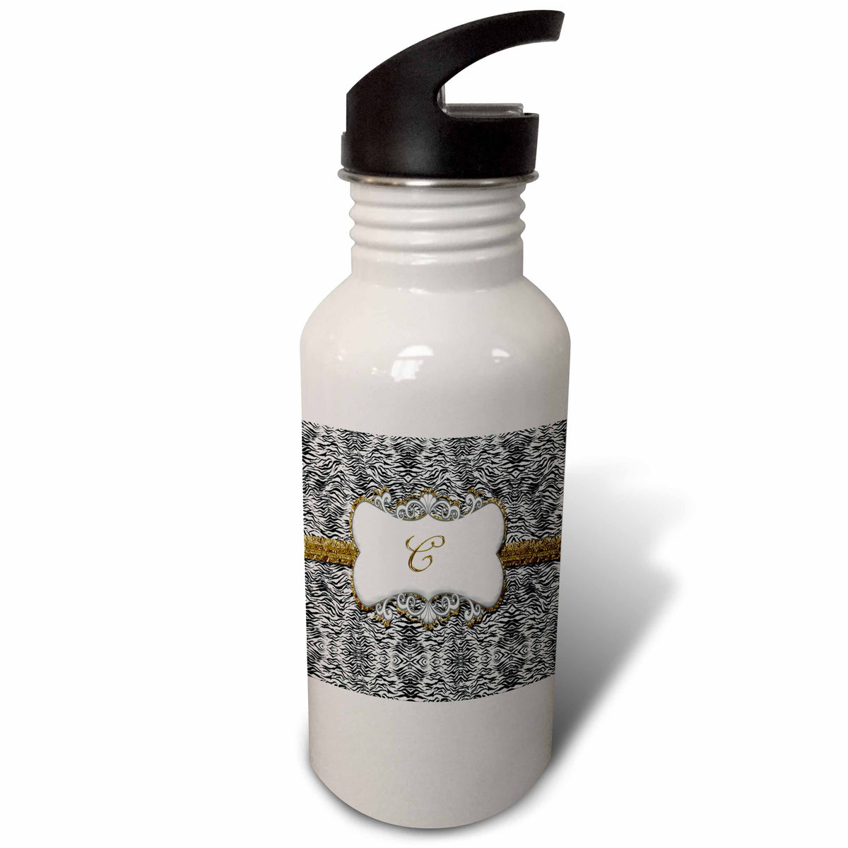 White Animal Print Gold Frame Monogram Letter C 21 oz Sports Water Bottle C990324