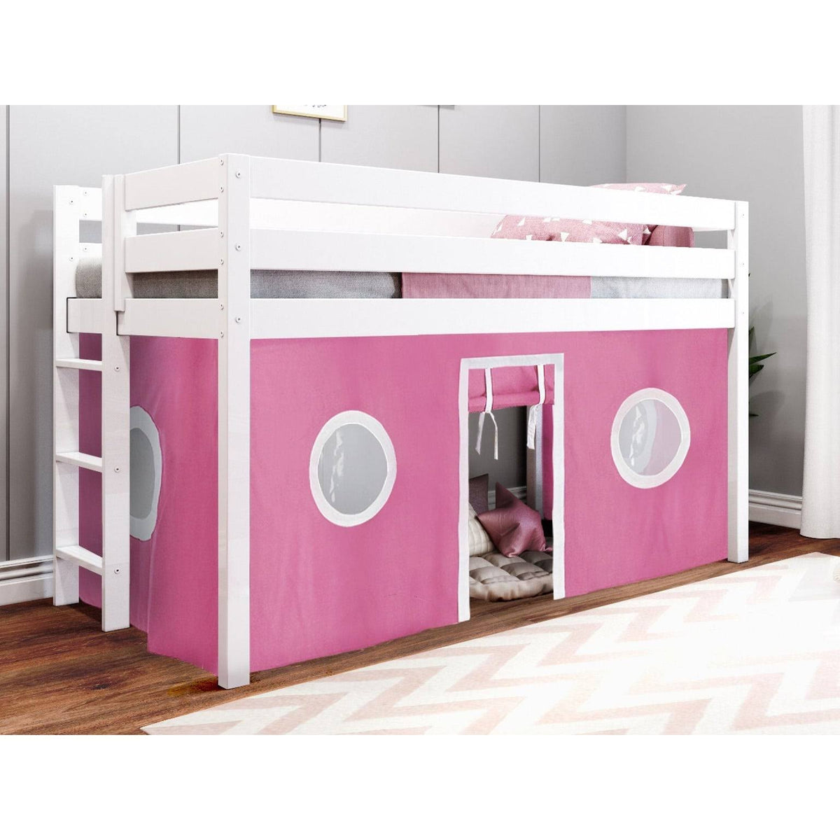 Contemporary Low Loft Twin Bed with End Ladder, White with Pink & White Tent D275513