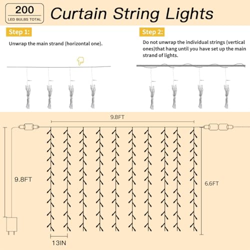 200 LED Curtain String Lights with Timer and 8 Modes C1741