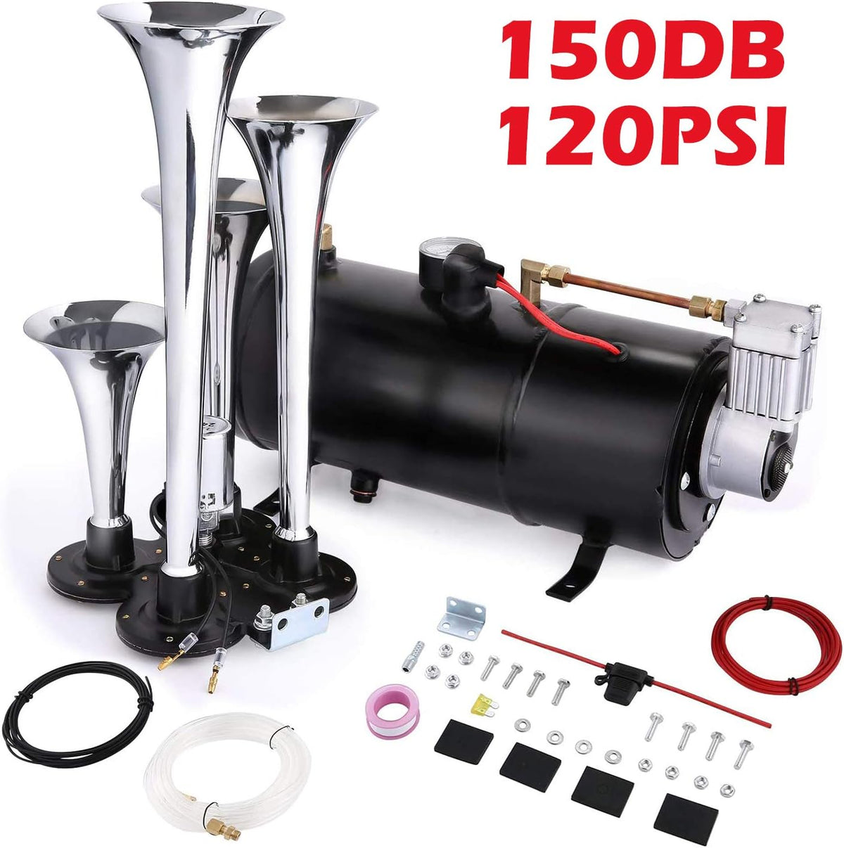 150DB 4 Trumpet Train Horn Kit with 120PSI Air Compressor (Black) C66769