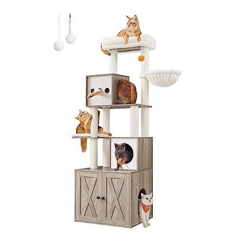 70.8-Inch Tall Cat Tree with Litter Box Enclosure, Scratching Posts, Perch, Caves, Basket, Washable Cushions Z8775