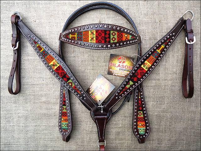 Brown Aztec Inlay Leather Horse Bridle Headstall U372