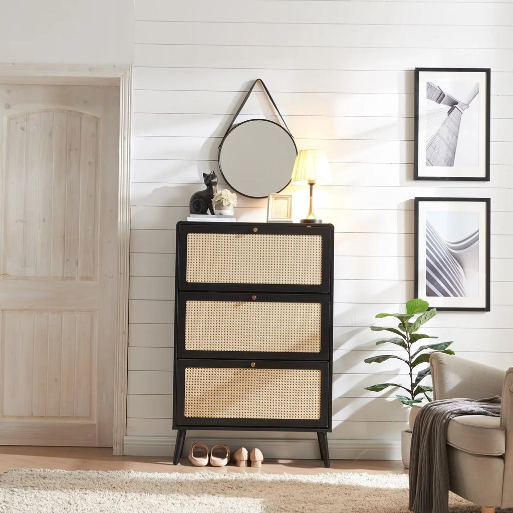 Black 3 Flip Drawer Rattan Shoe Storage Cabinet X52378