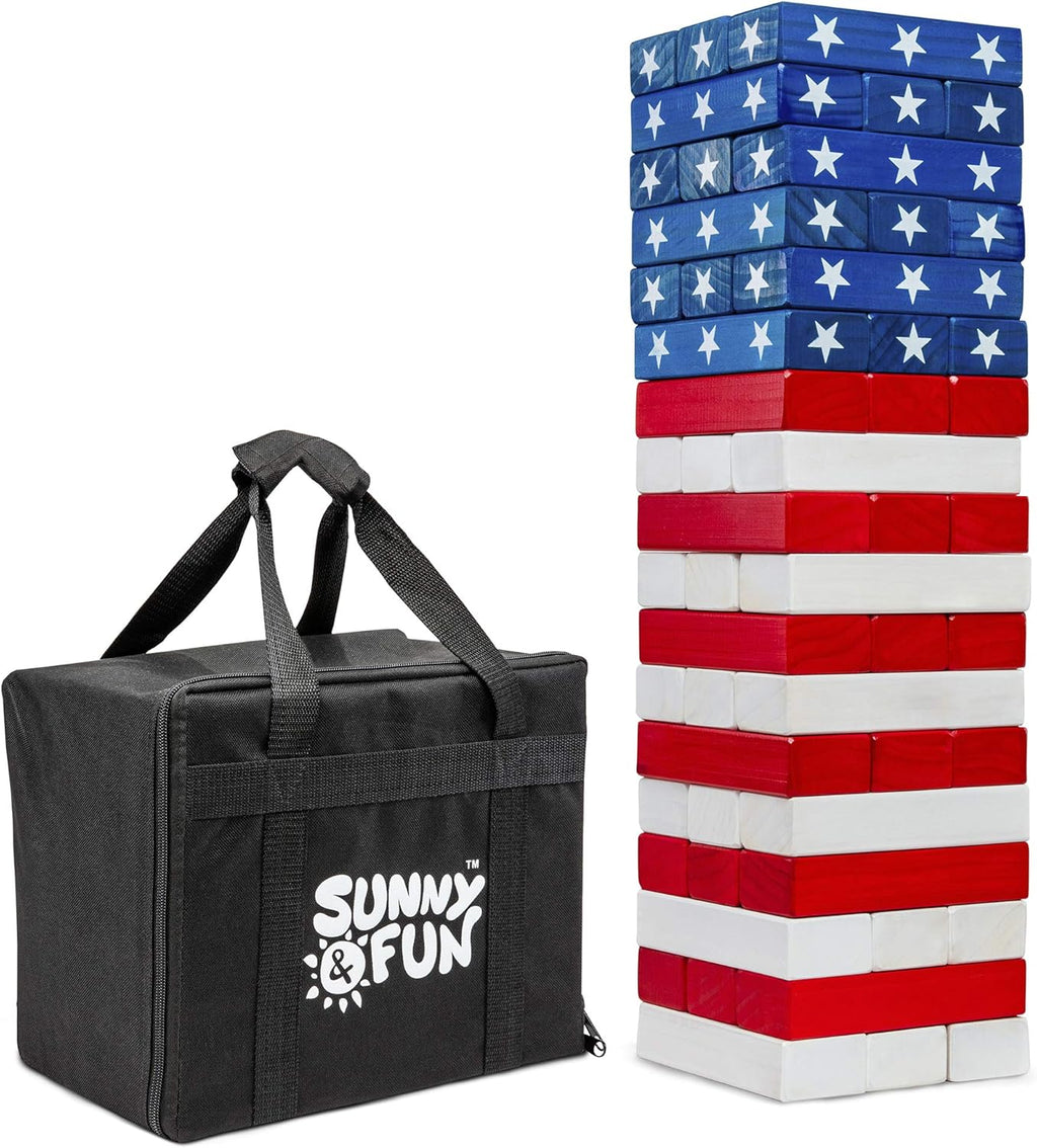 Large American Flag Tumbling Tower 54pc Wooden Toppling Blocks Stacking Yard Game with Storage Carry Bag O56348