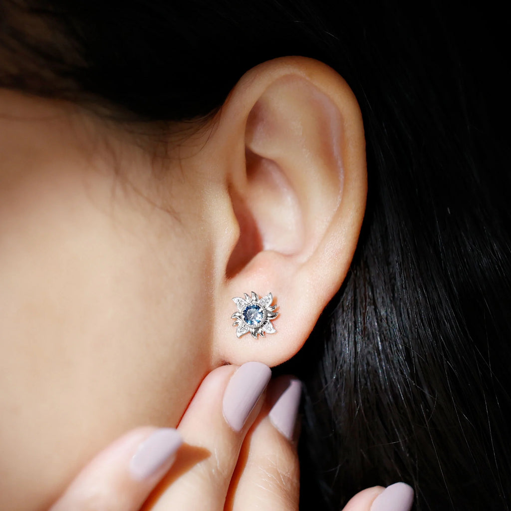 London Blue Topaz Sunburst Stud Earrings with Diamond, 925 Sterling Silver L4263