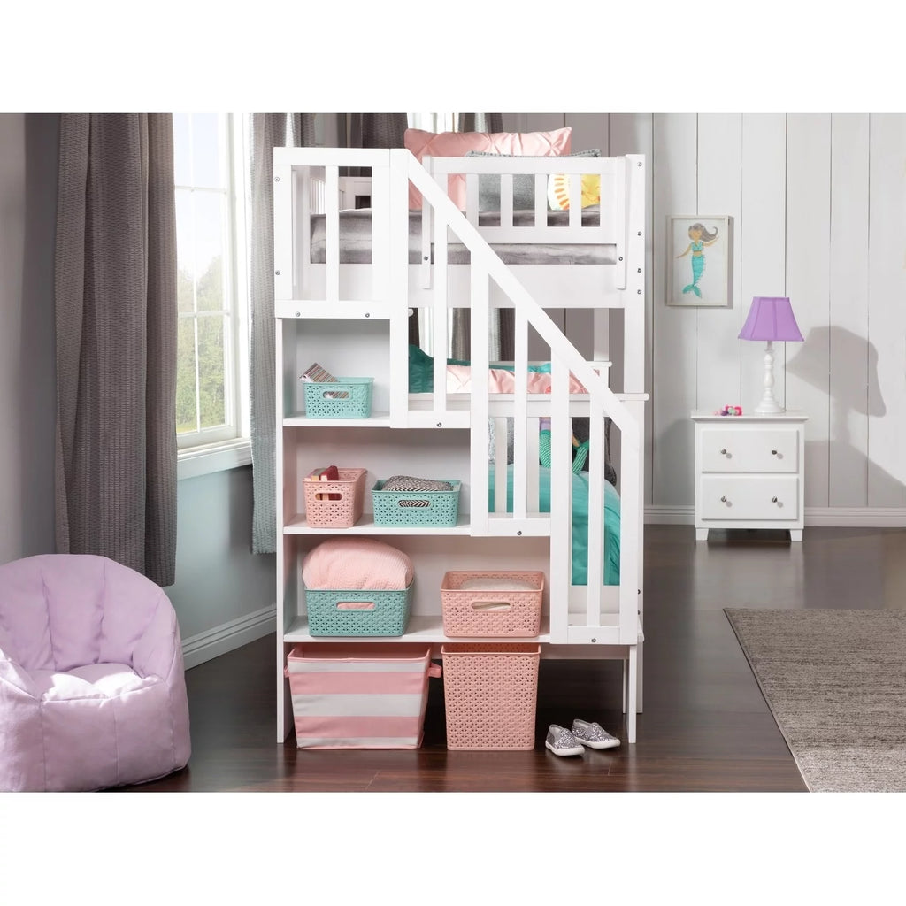 White Twin over Twin Bunk Bed with 2 Bed Drawers U812