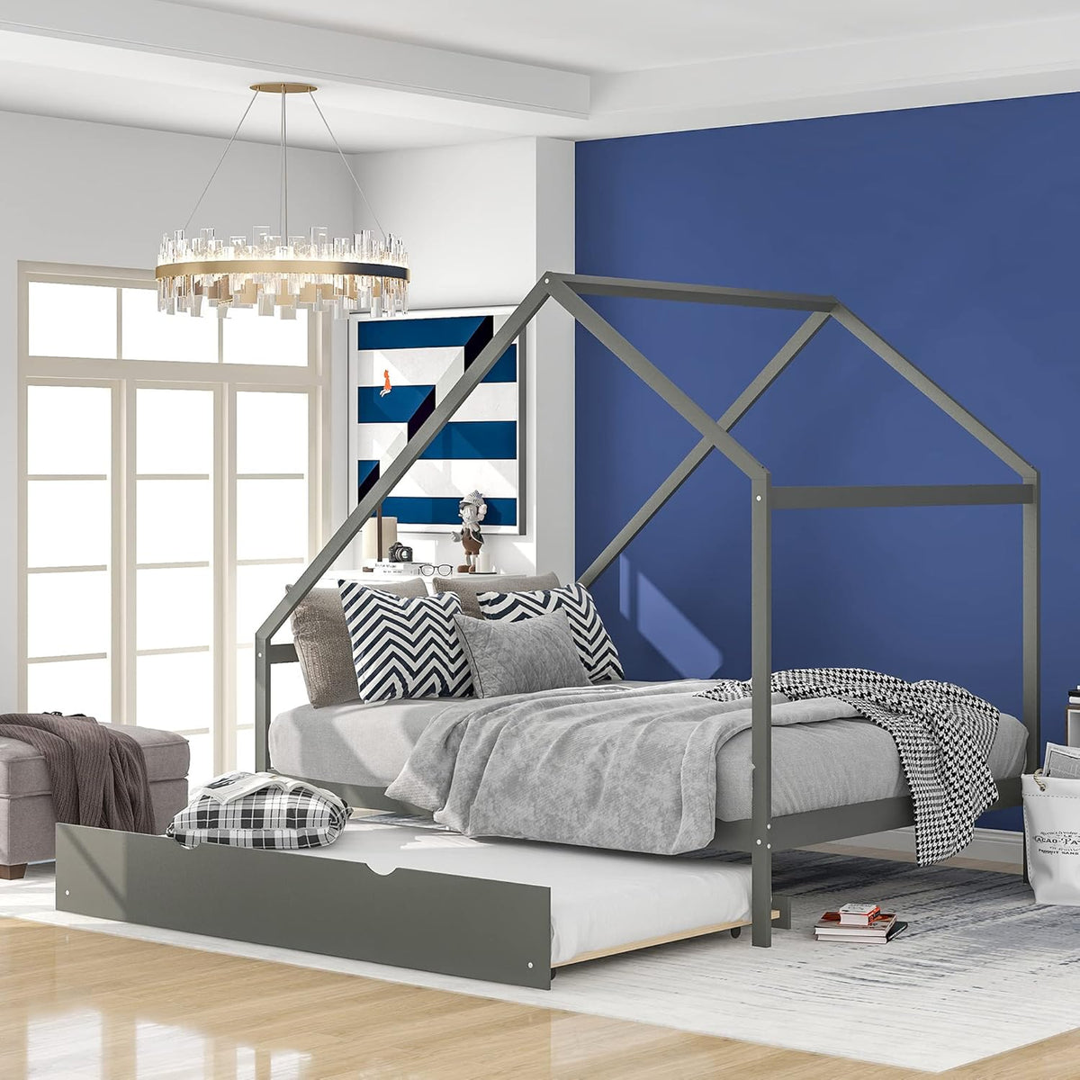 Full Size Wooden House Bed with Trundle H58100