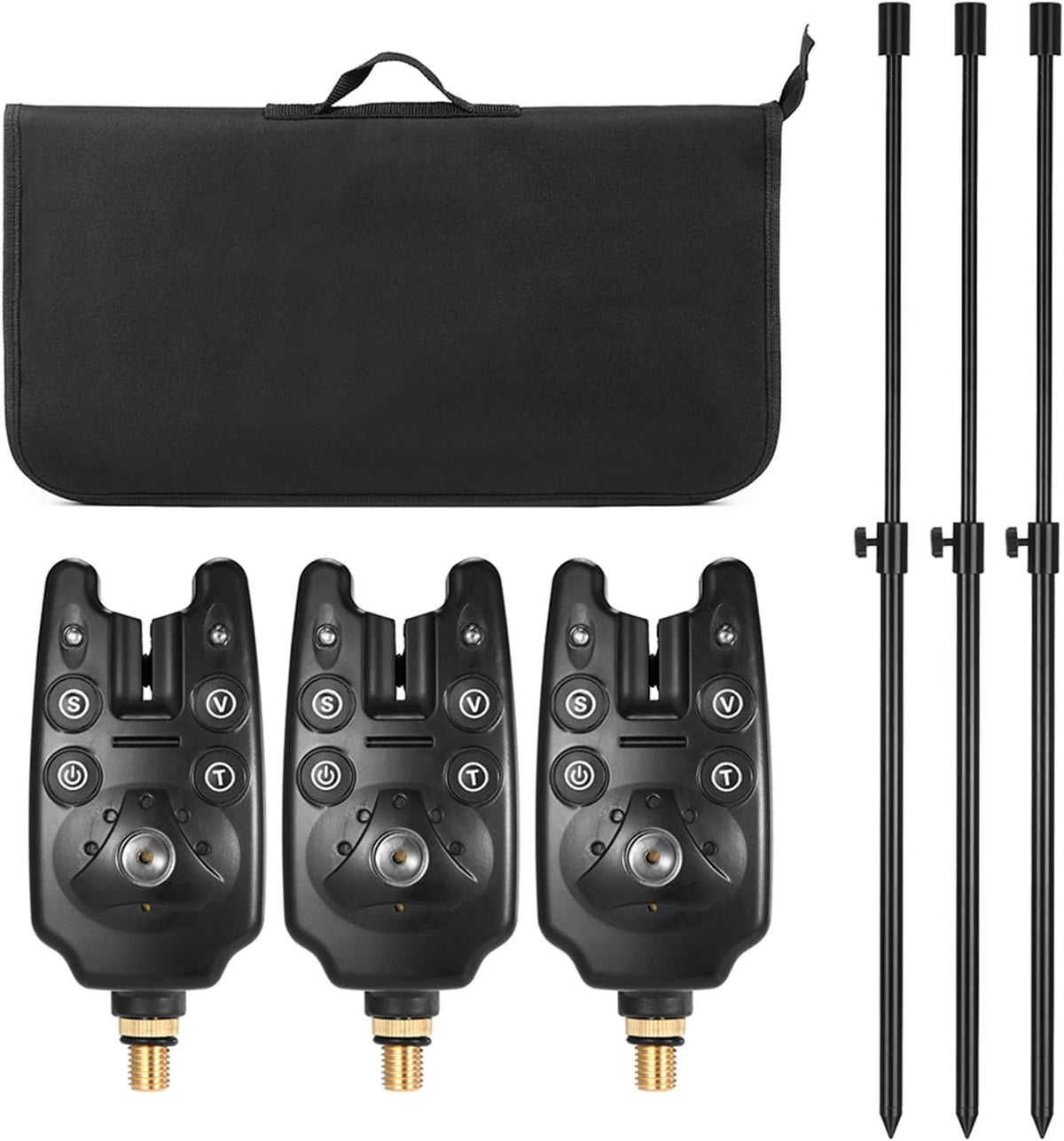3 Wireless Fishing LED Bite Alarm Set with Aluminum Alloy Bankstick and Padded Tool Bag X15711