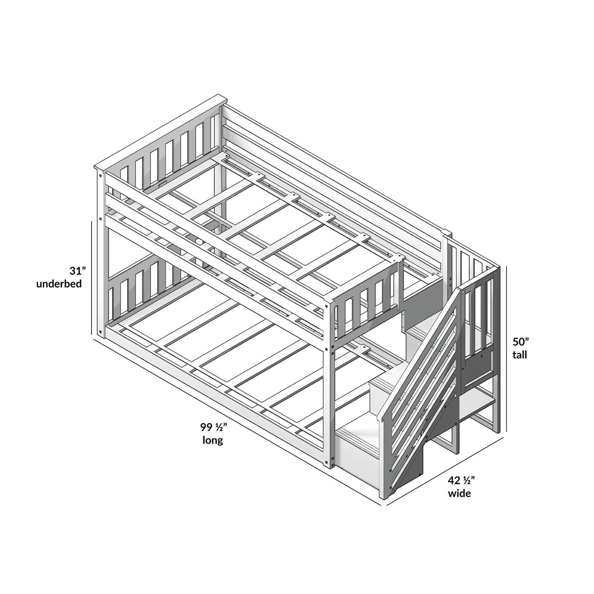 Twin Low Bunk Bed with Staircase, White E19187