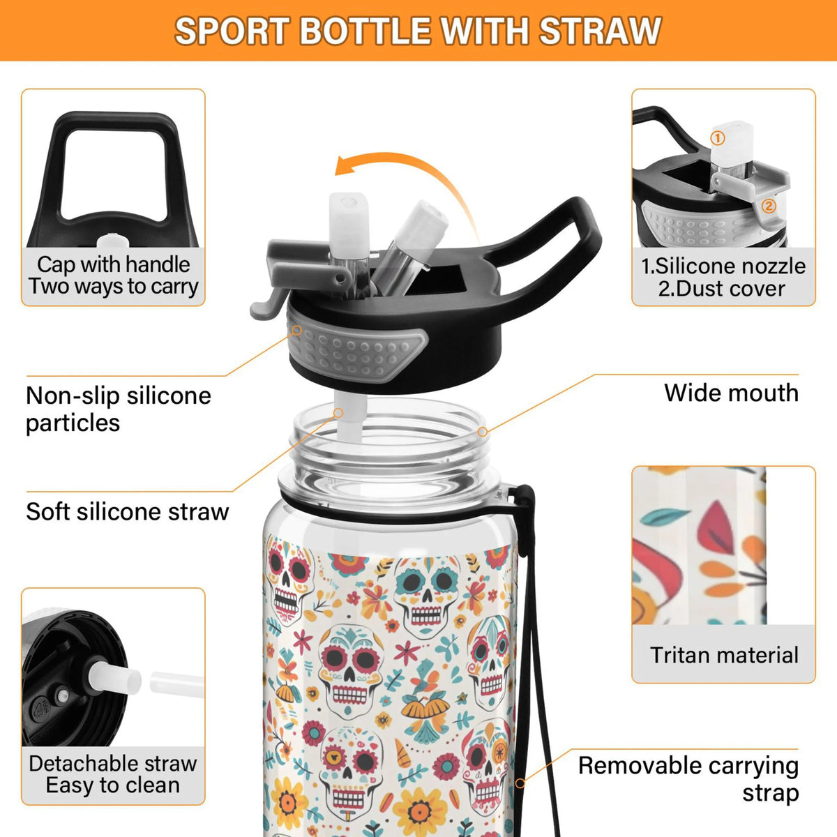 Skull Sunflowers Skeleton 32oz Tritan Leakproof Water Bottle G978