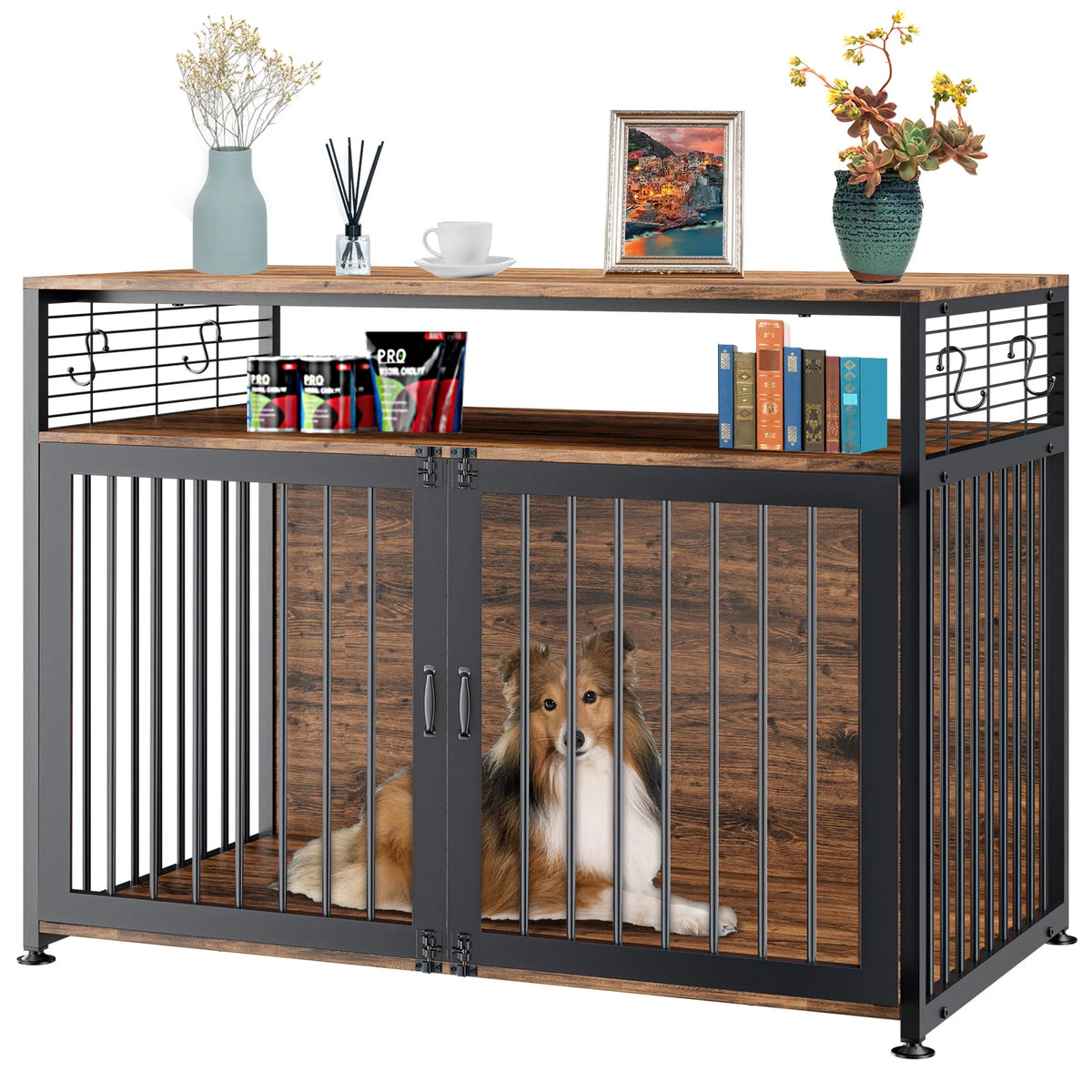 41" Wooden Dog Crate with Storage Side End Table J967246
