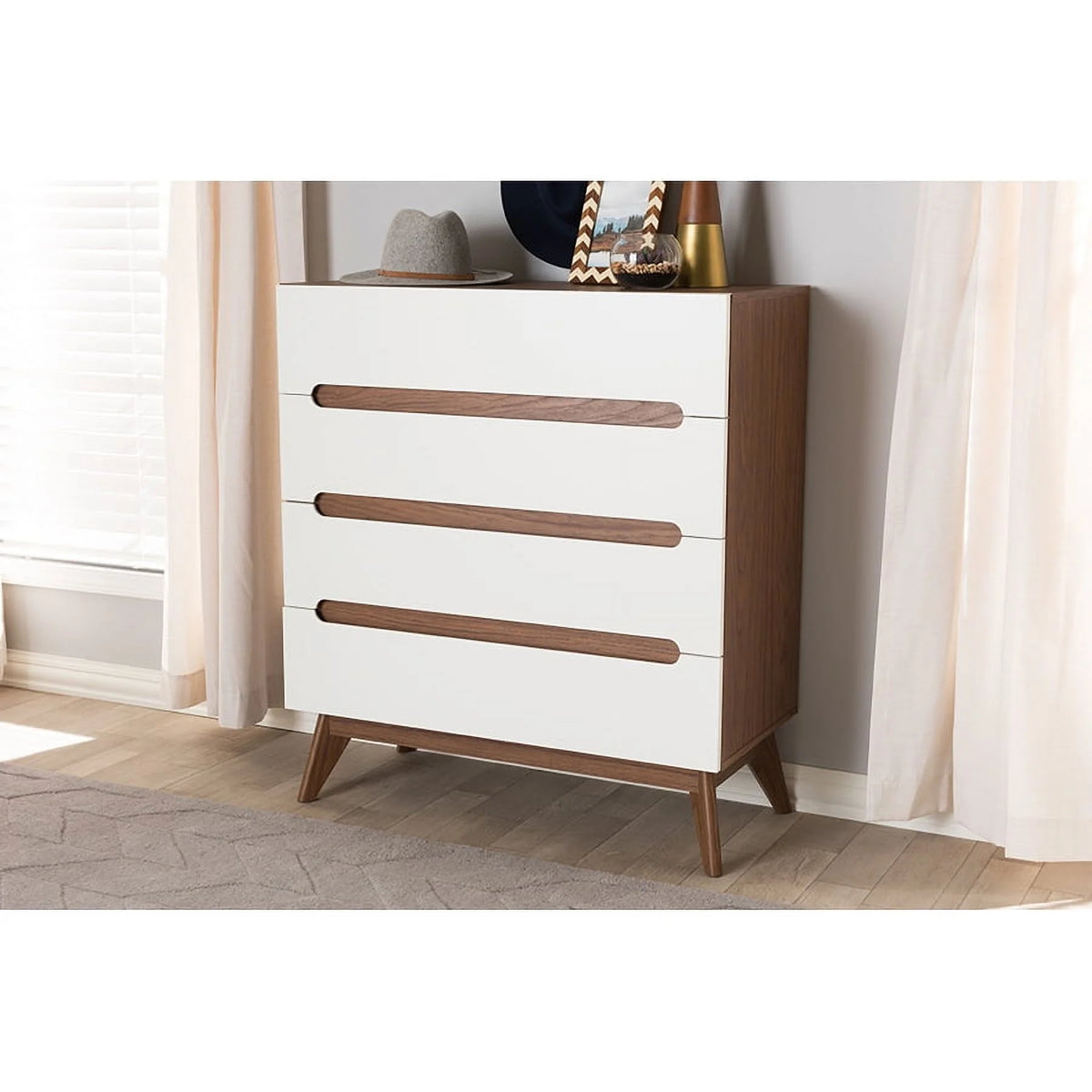 White and Walnut Wood 4-Drawer Storage Chest E32915
