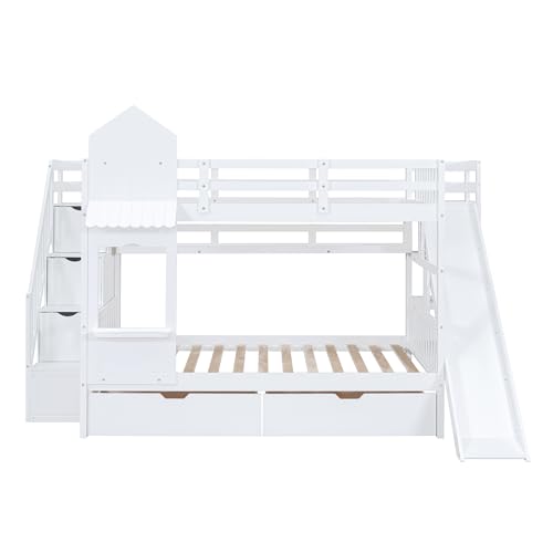 Gray Wood Twin Over Twin Bunk Bed with Stairs and Slide J6061