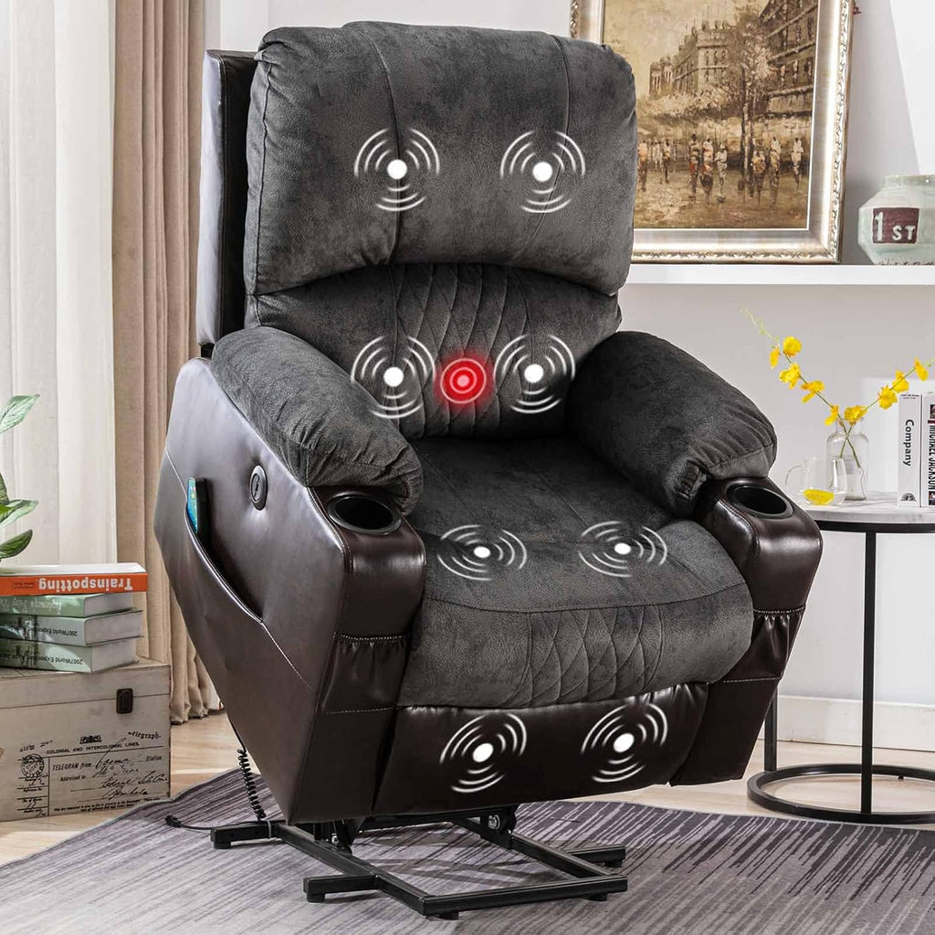 Grey Power Lift Recliner Chair with Heated and Vibration Massage, USB Port, 2 Cup Holders D471536