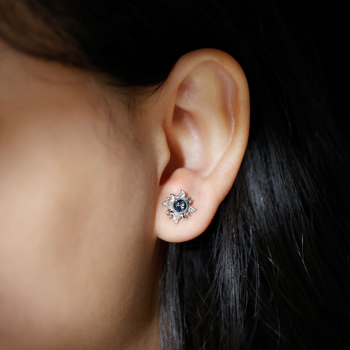 London Blue Topaz Sunburst Stud Earrings with Diamond, 925 Sterling Silver L4263