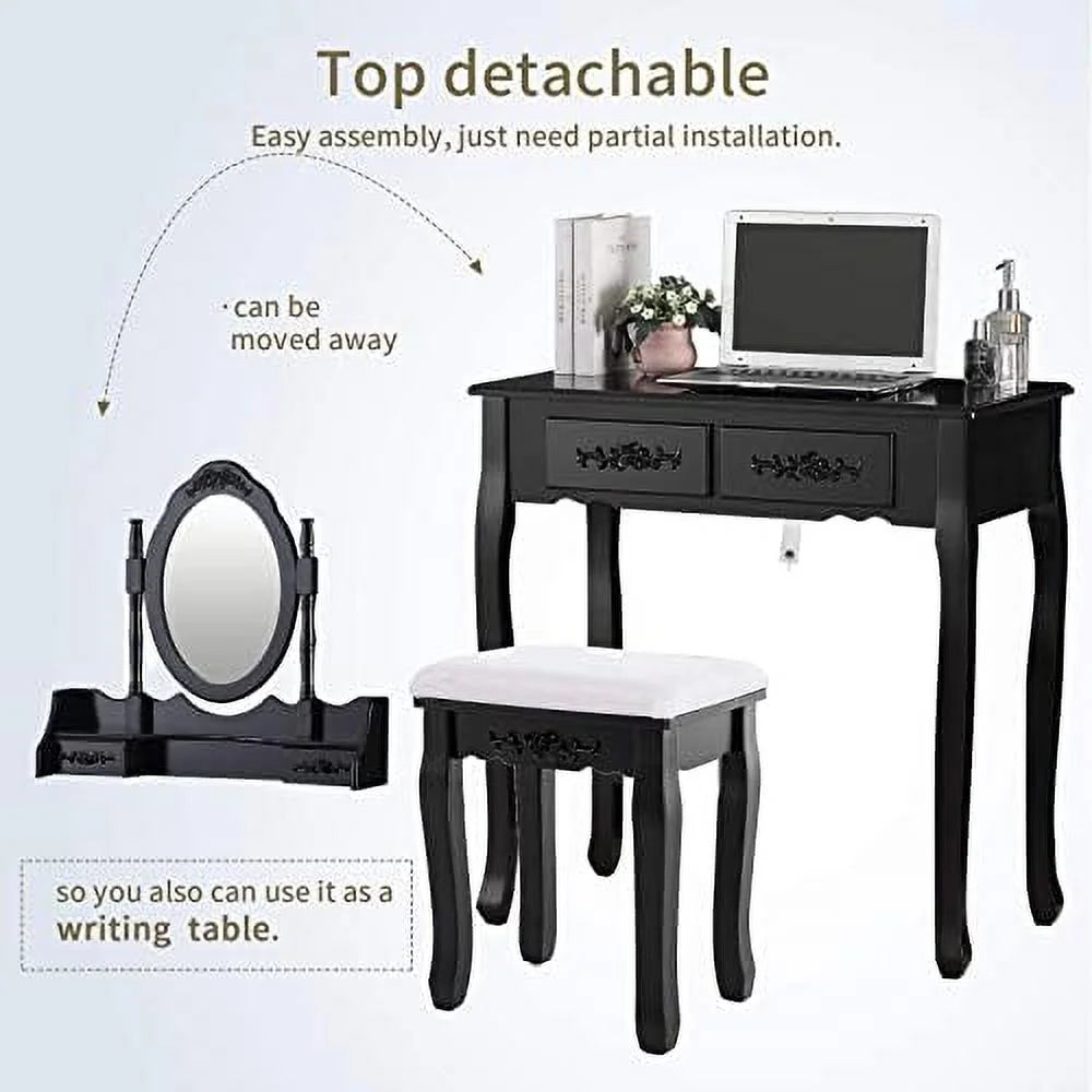 White 4 Drawer Vanity Table Set with Oval Mirror & Stool H346