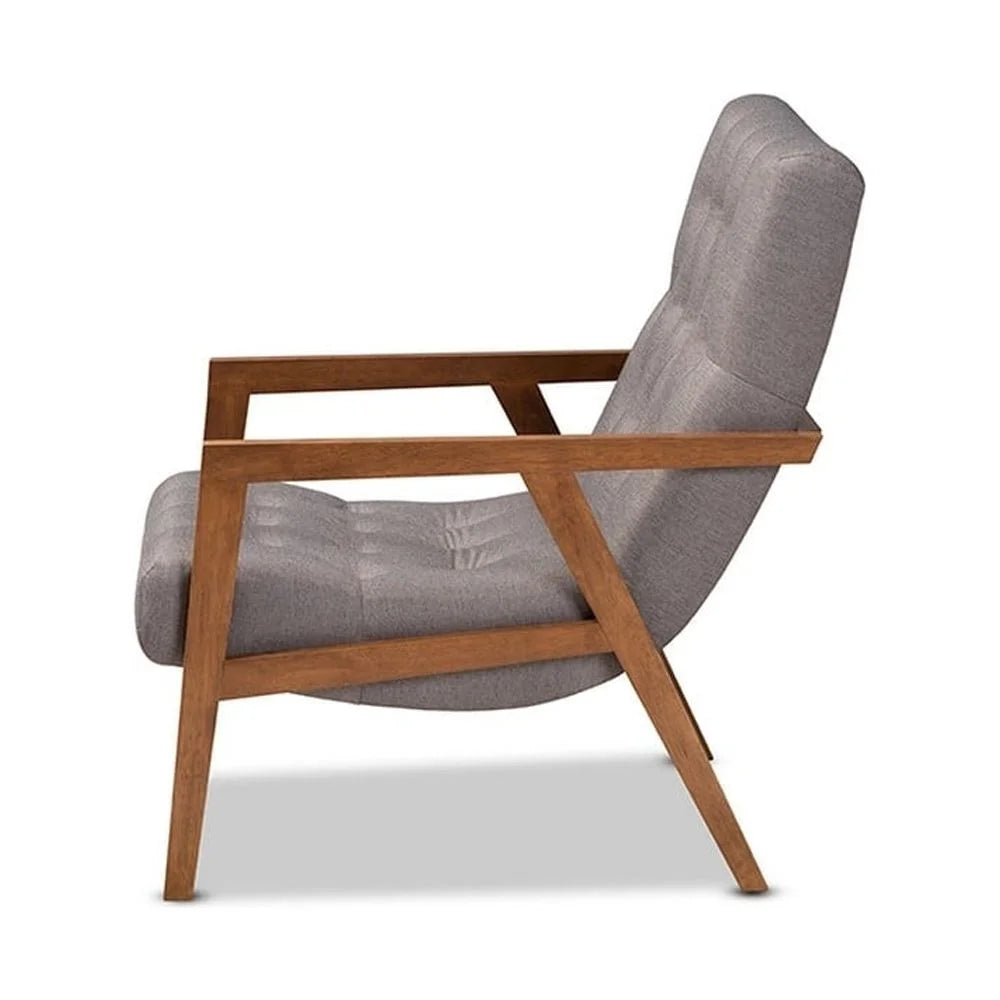 Grey Fabric Upholstered Walnut Finished Wood Armchair R645