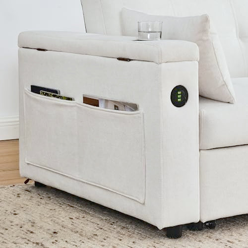 White 54" Chenille 2-Seater Convertible Sofa Bed with USB Power Outlet F529707