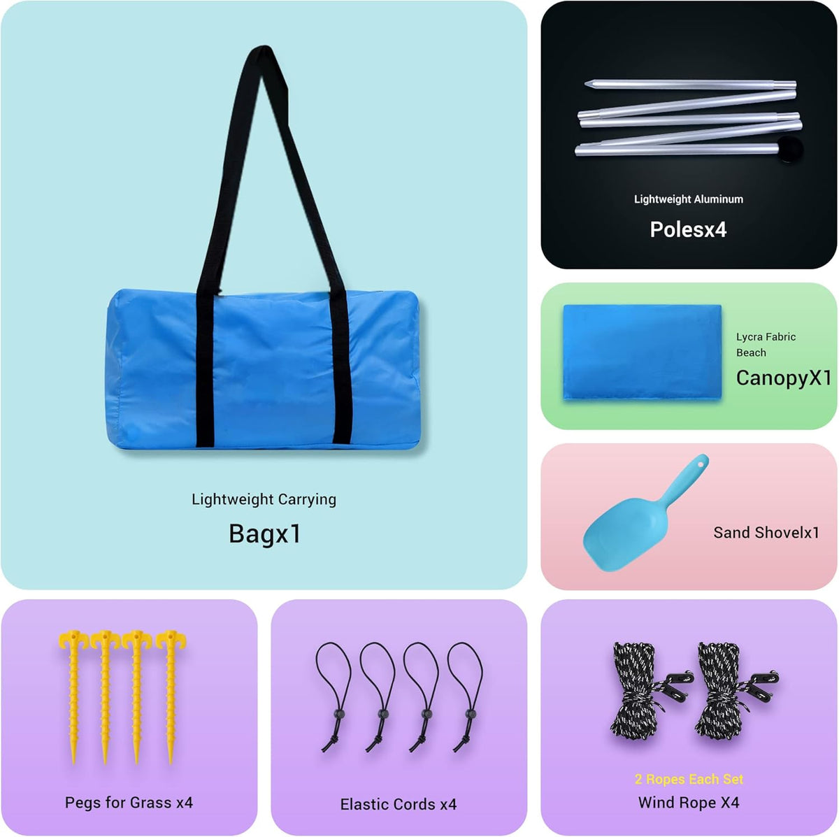 Beach Tent, Pop Up Portable Canopy Set, UPF 50+ Sunshade with Carry Bag, Aluminum Poles, Sands Shovel, and Pegs (10x10 FT Blue) A209