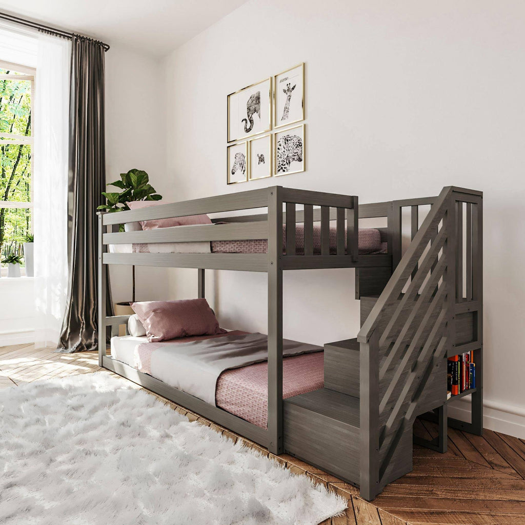 Twin Low Bunk Bed with Staircase, White E19187
