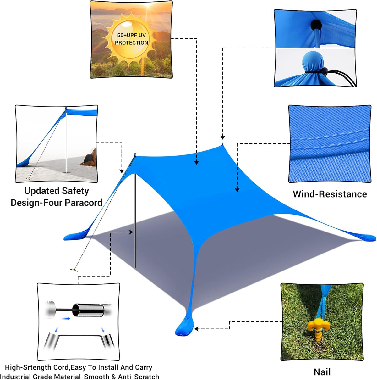 Beach Tent, Pop Up Portable Canopy Set, UPF 50+ Sunshade with Carry Bag, Aluminum Poles, Sands Shovel, and Pegs (10x10 FT Blue) A209
