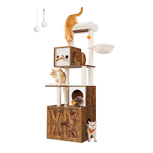 70.8-Inch Tall Cat Tree with Litter Box Enclosure, Scratching Posts, Perch, Caves, Basket, Washable Cushions Z8775