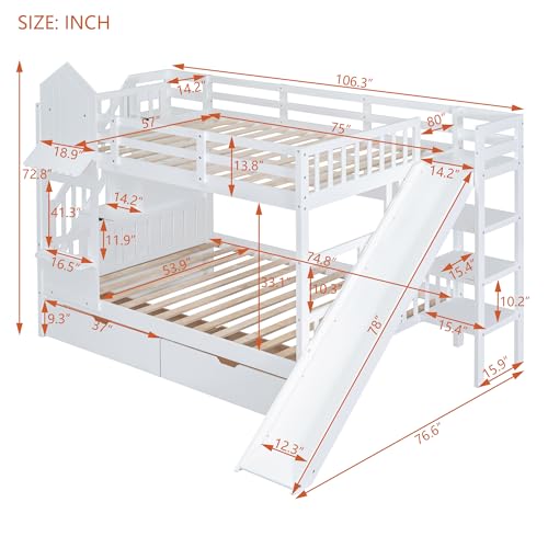 Gray Wood Twin Over Twin Bunk Bed with Stairs and Slide J6061