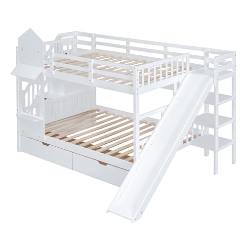 Gray Wood Twin Over Twin Bunk Bed with Stairs and Slide J6061
