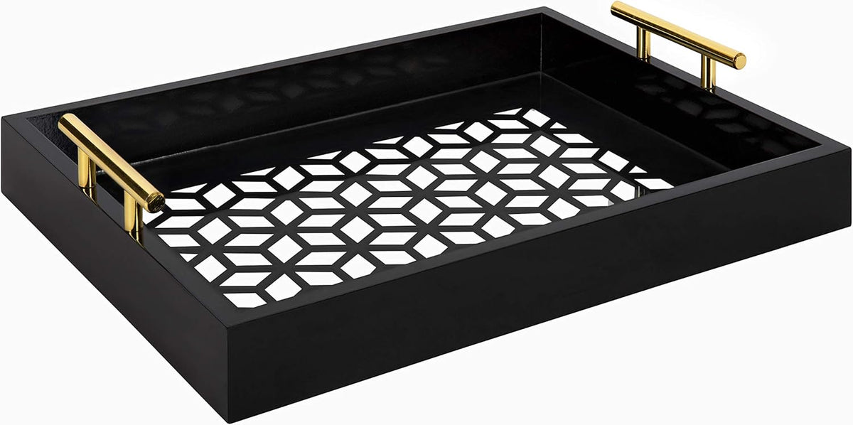 Navy Blue and Gold Rectangle Decorative Tray with Metal Handles D972