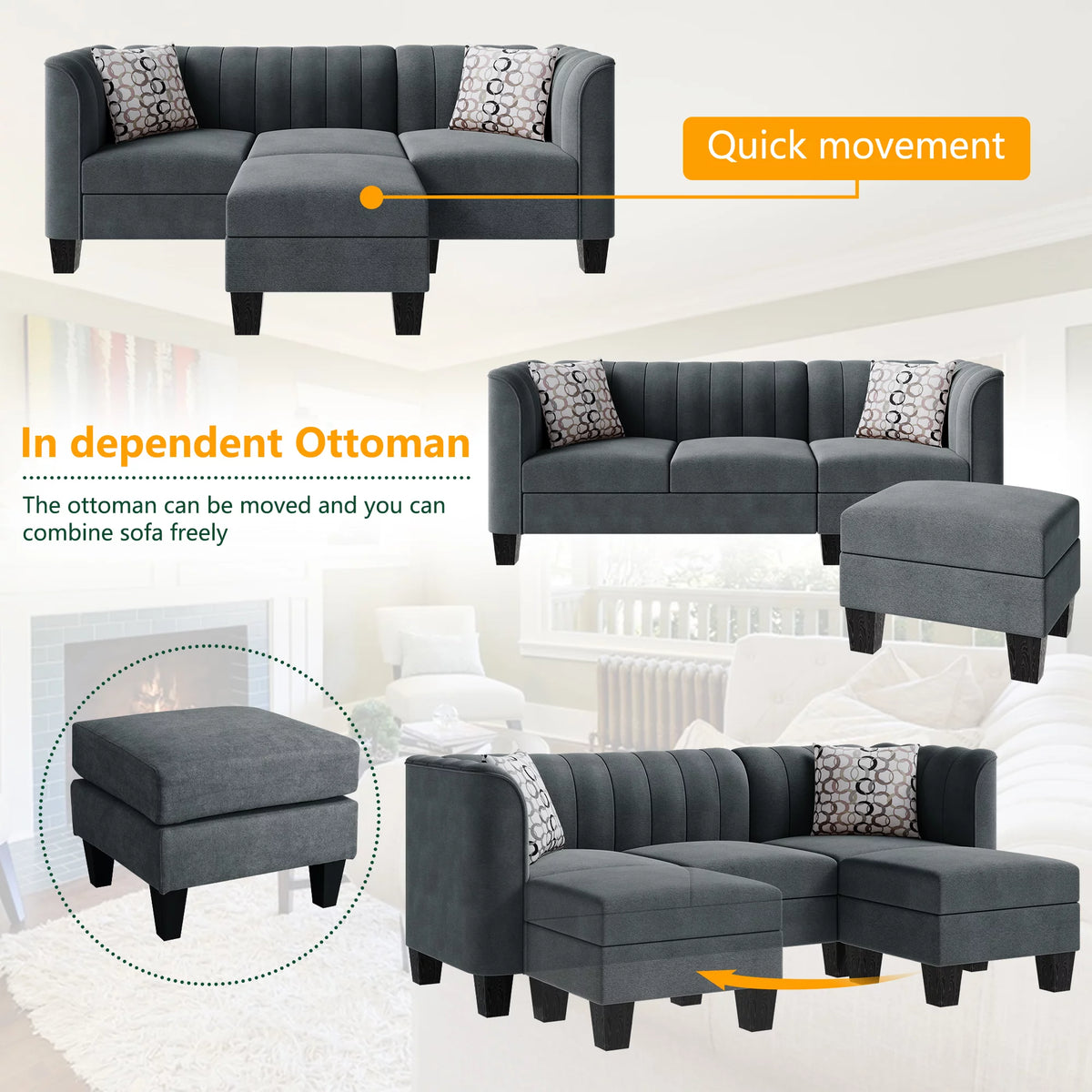 Dark Grey L Shaped Linen Fabric Sectional Sofa D9539