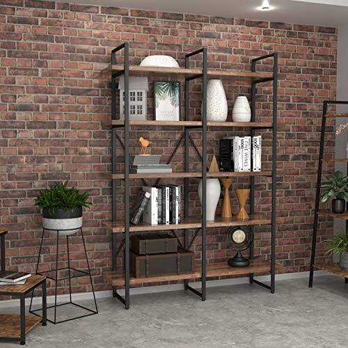 Double Wide 5-Tier Open Bookcase Wood and Metal Shelves L121