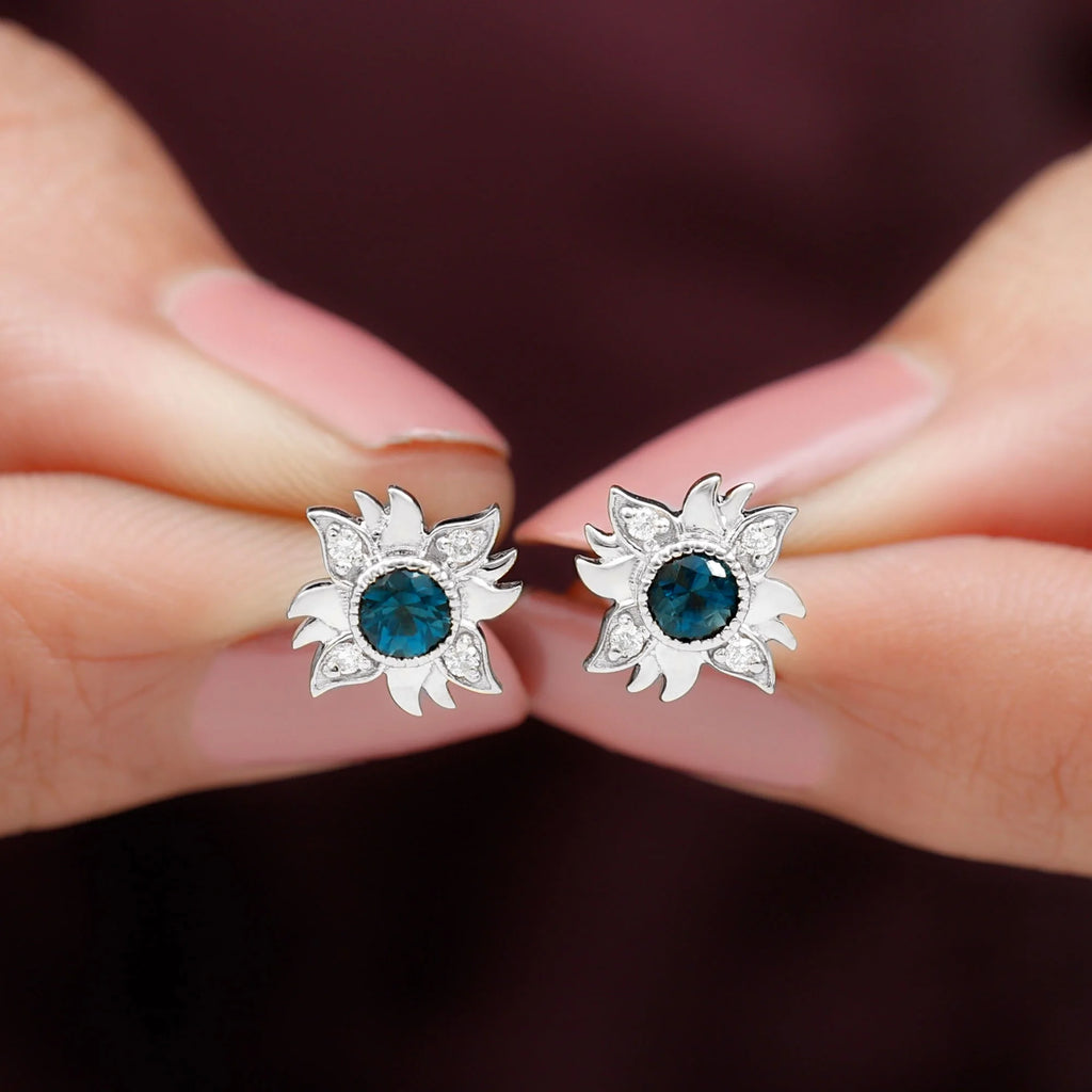 London Blue Topaz Sunburst Stud Earrings with Diamond, 925 Sterling Silver L4263