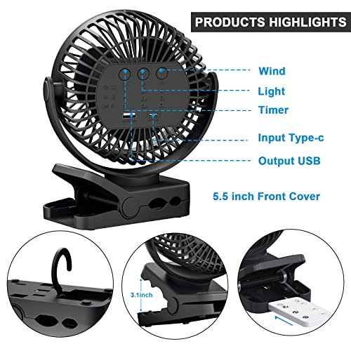 Portable Fan with Remote Control, Timer, LED Lights, 12000mAh USB Rechargeable Battery, Clamp/Hanging/Stand Up J496