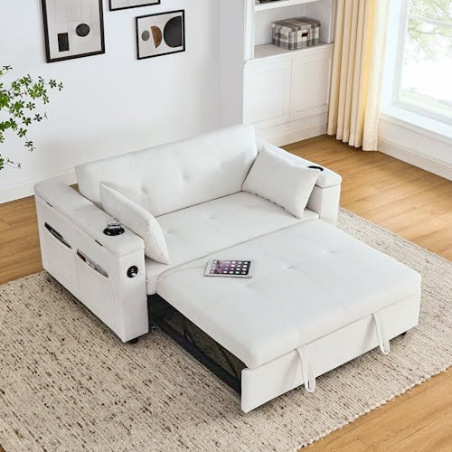 White 54" Chenille 2-Seater Convertible Sofa Bed with USB Power Outlet F529707