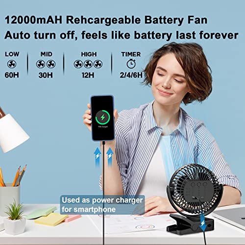 Portable Fan with Remote Control, Timer, LED Lights, 12000mAh USB Rechargeable Battery, Clamp/Hanging/Stand Up J496