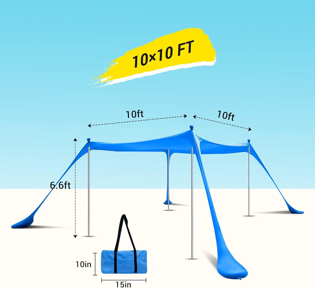 Beach Tent, Pop Up Portable Canopy Set, UPF 50+ Sunshade with Carry Bag, Aluminum Poles, Sands Shovel, and Pegs (10x10 FT Blue) A209