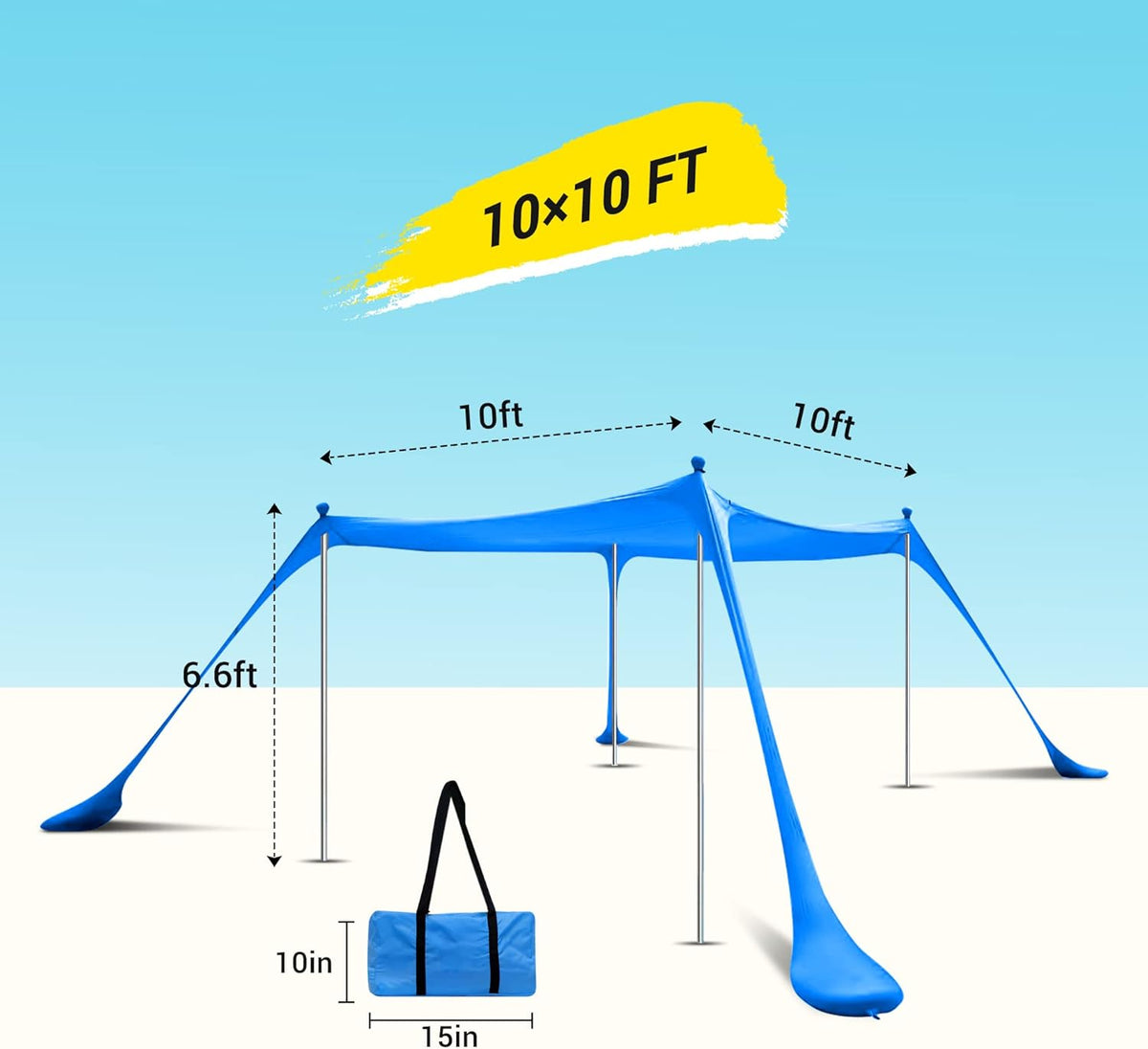 Beach Tent, Pop Up Portable Canopy Set, UPF 50+ Sunshade with Carry Bag, Aluminum Poles, Sands Shovel, and Pegs (10x10 FT Blue) A209