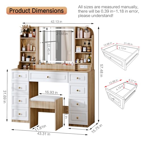 White 9 Drawer Glass Top Makeup Vanity Desk with Mirror and Lights I9552