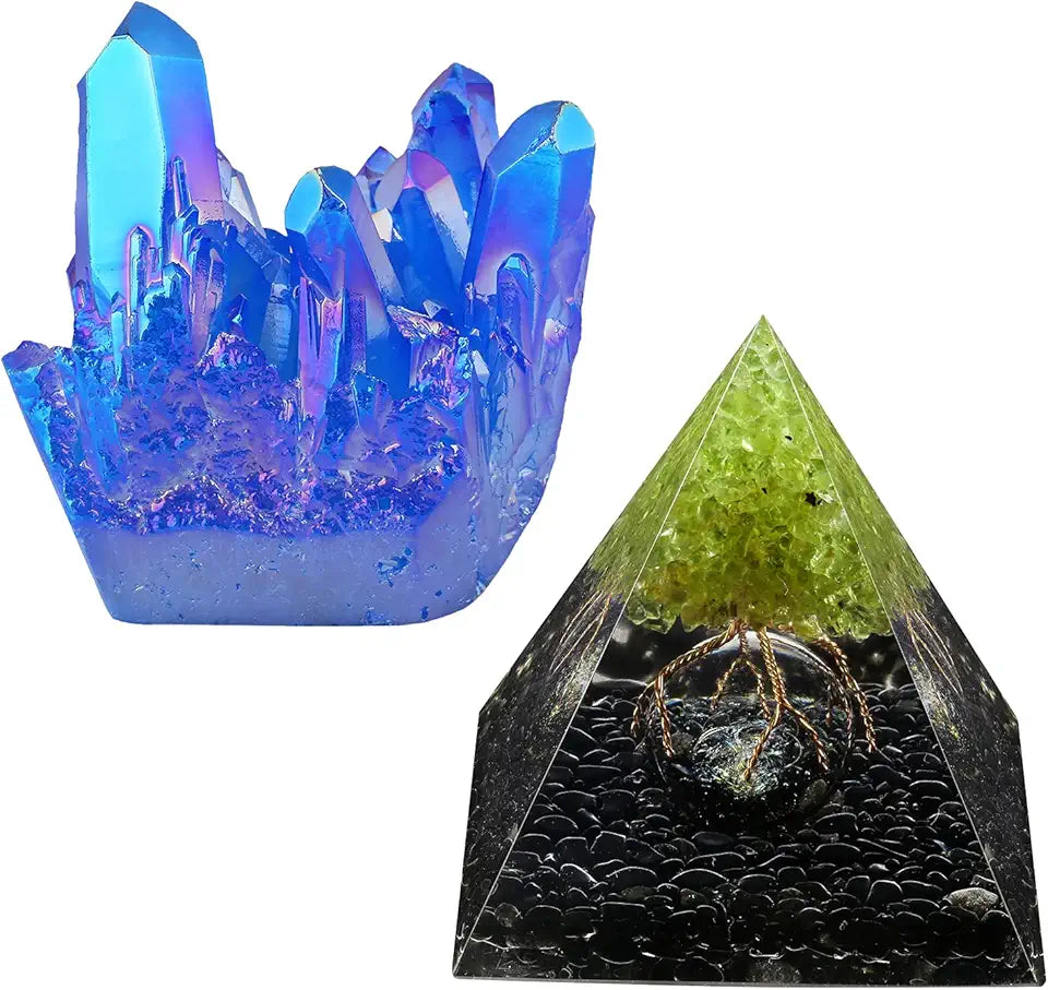 Titanium Coated Natural Rock Crystal & Peridot Orgone Pyramid with Obsidian Tumbled Stones M945830