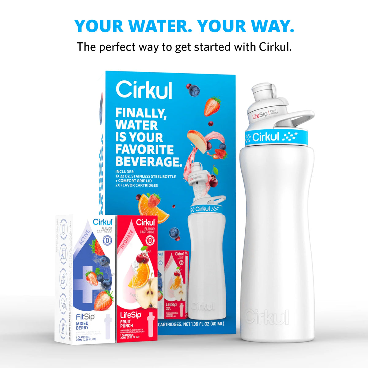 22 oz White Stainless Steel Water Bottle Starter Kit with 2 Flavor Cartridges X55945